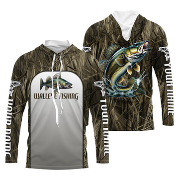 Walleye Fishing Grass Camo Custom Long Sleeve Fishing, Walleye Tournament Fishing