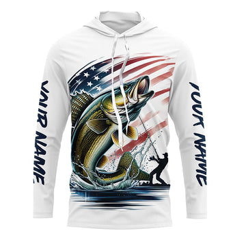 Personalized American Flag Walleye Long Sleeve Fishing, Patriotic Walleye Fishing