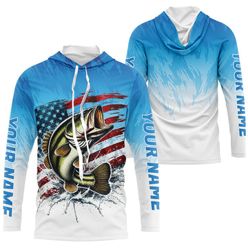 Custom Patriotic Largemouth Bass Long Sleeve Fishing, Blue American Flag Us Fishing