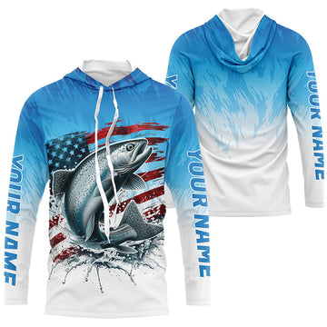 Custom Patriotic Chinook Salmon Long Sleeve Fishing, Salmon Saltwater Flag Fishing