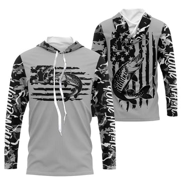 Gray Camo US Flag Custom Patriotic Musky Long Sleeve Hooded Tournament Fishing