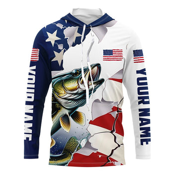 Personalized American Flag Walleye Fishing Long Sleeve, Patriotic Walleye Fishing