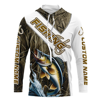Walleye Fishing Fish Hook Custom Long Sleeve, Walleye Fishing Gifts | Grass Camo