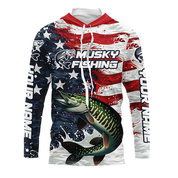 Custom Musky Fishing American Flag Long Sleeve Fishing, Patriotic Musky Fishing