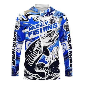 Custom Musky Long Sleeve Tournament Fishing, Water Camo Muskie Fishing | Blue