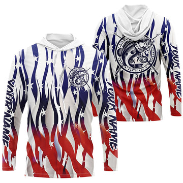 Flaming American Flag Custom Bass Long Sleeve Fishing, Patriotic Bass Fishing