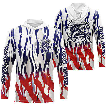 Flaming American Flag Custom Walleye Long Sleeve Fishing, Patriotic Walleye Fishing