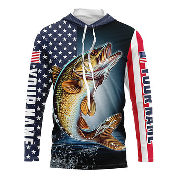 Personalized American Flag Walleye Long Sleeve Fishing, Patriotic Walleye Fishing