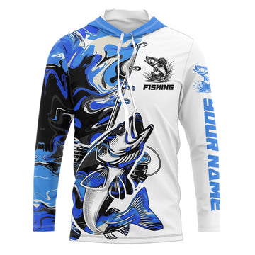 Personalized Walleye Fishing Blue Camo Long Sleeve Hooded Fishing