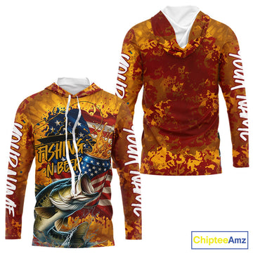 Custom US Flag Patriotic Largemouth Bass Fishing N Beer Long Sleeve Hooded Camo Fishing