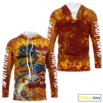 Custom US Flag Patriotic Walleye Fishing N Beer Long Sleeve Hooded Camo Fishing