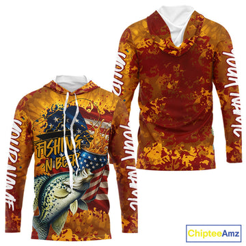 Custom US Flag Patriotic Crappie Fishing N Beer Long Sleeve Hooded Camo Fishing