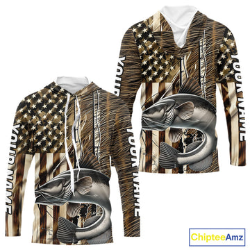 Custom Patriotic Camouflage American Flag Fishing Rod Catfish Fishing T-Shirts