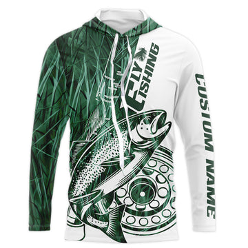 Custom Green Grass Camo Trout Fly Fishing Long Sleeve Hooded, Fly Reel Fishing