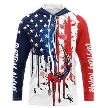 Custom American Flag Fishing Tools, Patriotic Long Sleeve Hooded Fishing With Name