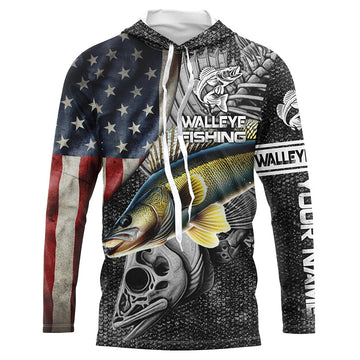 Walleye Fishing American Flag patriotic Custom Name UV protection long sleeve fishing NQS1389