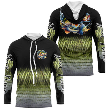 Largemouth Bass fishing Custom sun protection black long sleeve fishing, Bass scales NQS4130