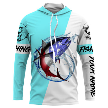 Tuna fishing American flag Custom Name long sleeve performance fishing | Bright Sky Blue NQS3814