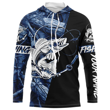 Walleye fishing tattoo blue camo Custom long sleeves fishing, walleye black version NQS4230