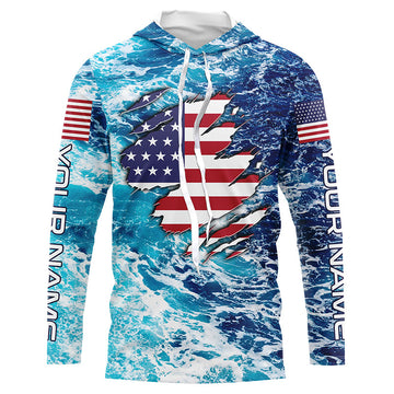 Blue sea wave ocean camo American flag patriot Custom sun protection fishing long sleeve NQS5429
