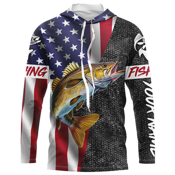 American Flag Walleye Fishing Custom long sleeve performance Fishing, Walleye Fishing NQS4925