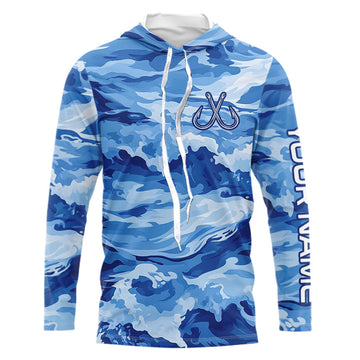 Blue Sea Wave Camo Fish hook custom name long sleeve fishing, camo fishing NQS9220