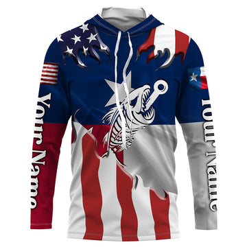Texas American flag Fishing fish reaper skull Custom long sleeve performance Fishing, NQS3812