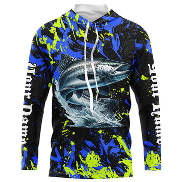 Chinook salmon fishing green blue camo Custom performance long sleeve fishing, salmon NQS7217