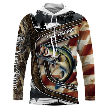 Largemouth Bass Fishing camo American flag patriotic Customize name Bass long sleeves fishing NQS4856