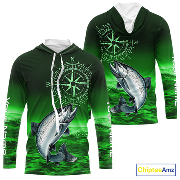 Personalized Salmon Green Performance Fishing, compass Salmon fishing tournament