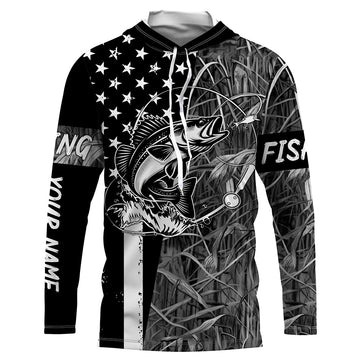 Walleye fishing custom name black American flag camo performance long sleeve fishing NQSD99