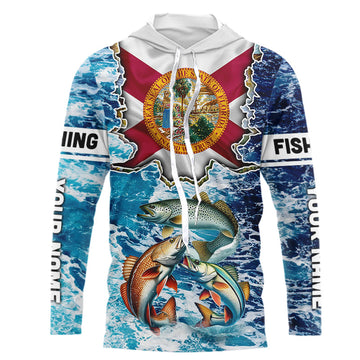 Florida Flag Redfish, trout, snook blue wave camo custom name performance long sleeve fishing NQS9488