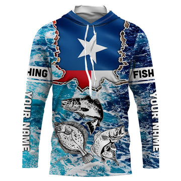Texas Flag Redfish, trout, flounder blue wave camo custom name performance long sleeve fishing NQS5440