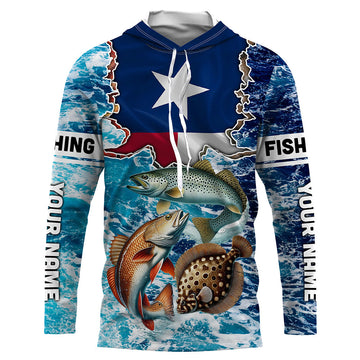 Texas Flag Redfish, trout, flounder inshore blue camo custom long sleeves performance fishing NQS5464