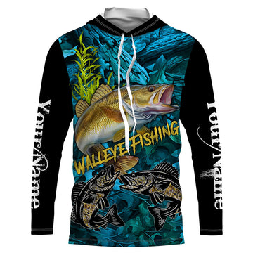 Blue camo walleye fishing custom UV protection long sleeve fishing, walleye tournament NQS5144