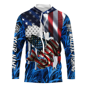 American flag patriot Walleye blue camo fishing, custom long sleeve sun protection fishing NQS4709