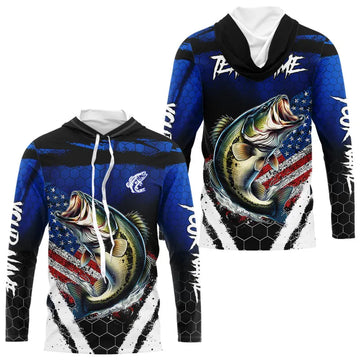Largemouth Bass fishing American Flag Custom patriotic long sleeve team Bass fishing | Blue NQS9529
