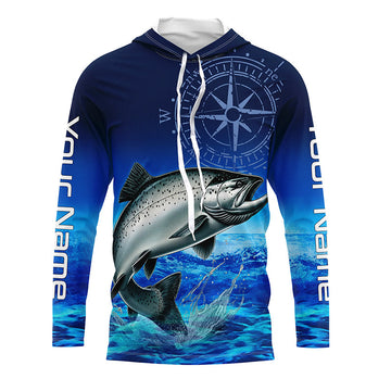 Personalized Chinook salmon Blue Long Sleeve Performance Fishing, compass tournament NQS5986