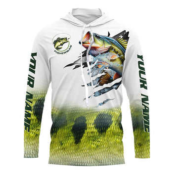 Largemouth bass fishing green scale American flag patriot Customize name long sleeves UV fishing NQS1855