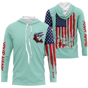 American flag Largemouth Bass fishing personalized patriotic UV Protection Fishing | Light Green NQS5820