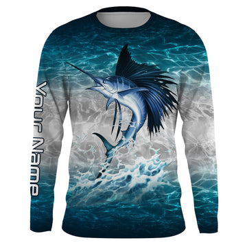Sailfish fishing blue sea water camo Custom Name performance long sleeve fishing uv protection NQS3663