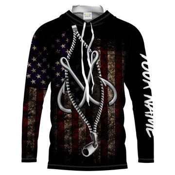 US Fishing 3D Fish Hook zipper American Flag patriotic UV protection customize name long sleeves UPF 30+ fishing apparel NQS2157