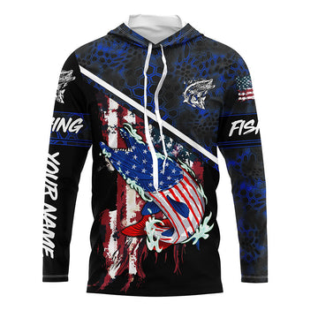 American Flag Musky fishing blue camo Custom name long sleeve muskie Fishing NQS4821