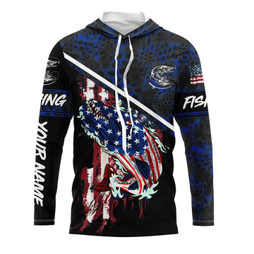 American Flag Northern pike fishing blue camo Custom name long sleeve Fishing NQS4822