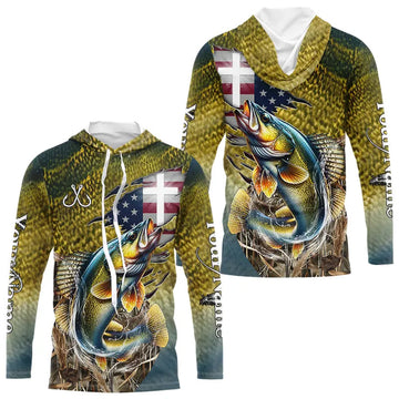 Walleye Fishing Scales Camo American Flag Faith patriotic Custom UV protection long sleeves NQS9310