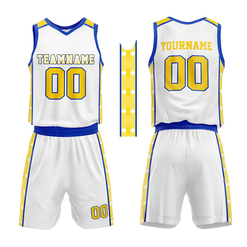 Custom Basketball Jersey Uniform Suit Printed Your Logo Name Number White-Royal-Yellow