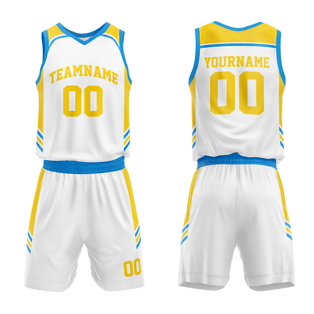 Custom Basketball Jersey Uniform Suit Printed Your Logo Name Number White-Blue-Yellow