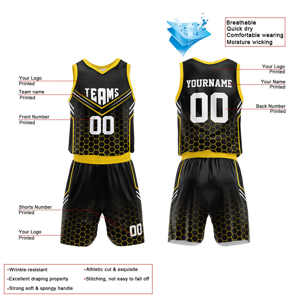 Custom Basketball Jersey Uniform Suit Printed Your Logo Name Number Black-Yellow
