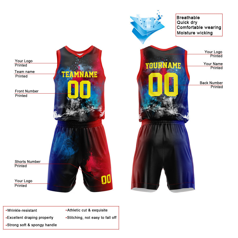 Custom Basketball Jersey Uniform Suit Printed Your Logo Name Number Splash-Red-Blue