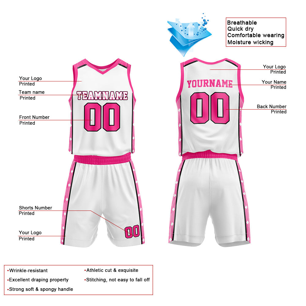 Custom Basketball Jersey Uniform Suit Printed Your Logo Name Number White-Pink